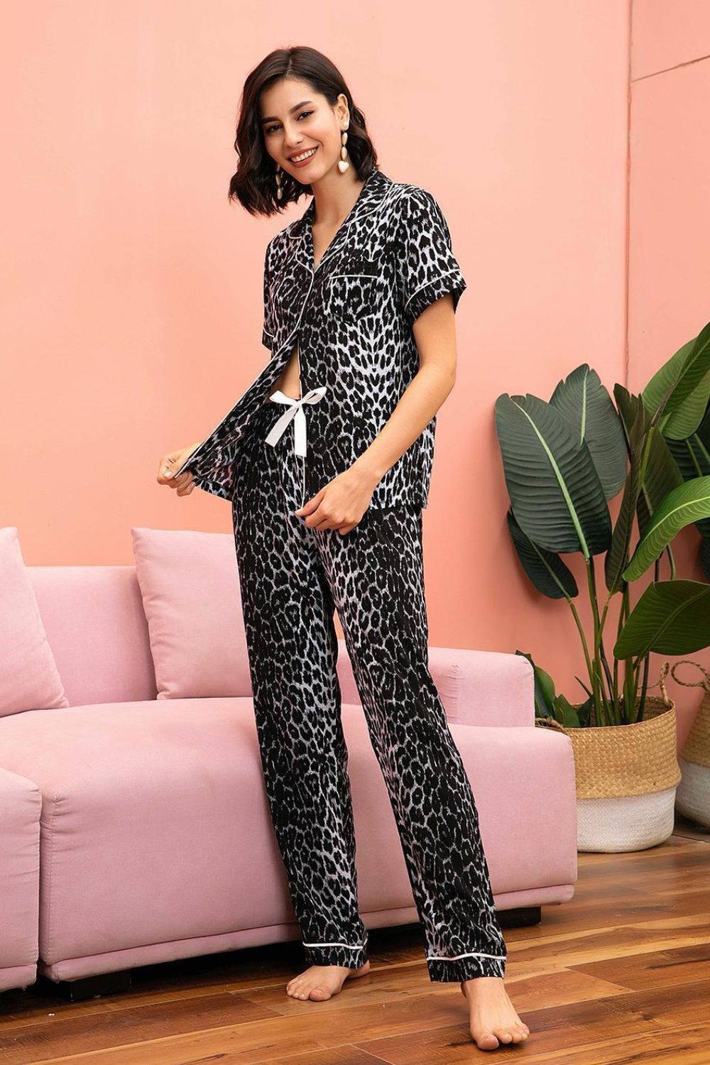 Leopard Lapel Collar Shirt and Pants Lounge Set