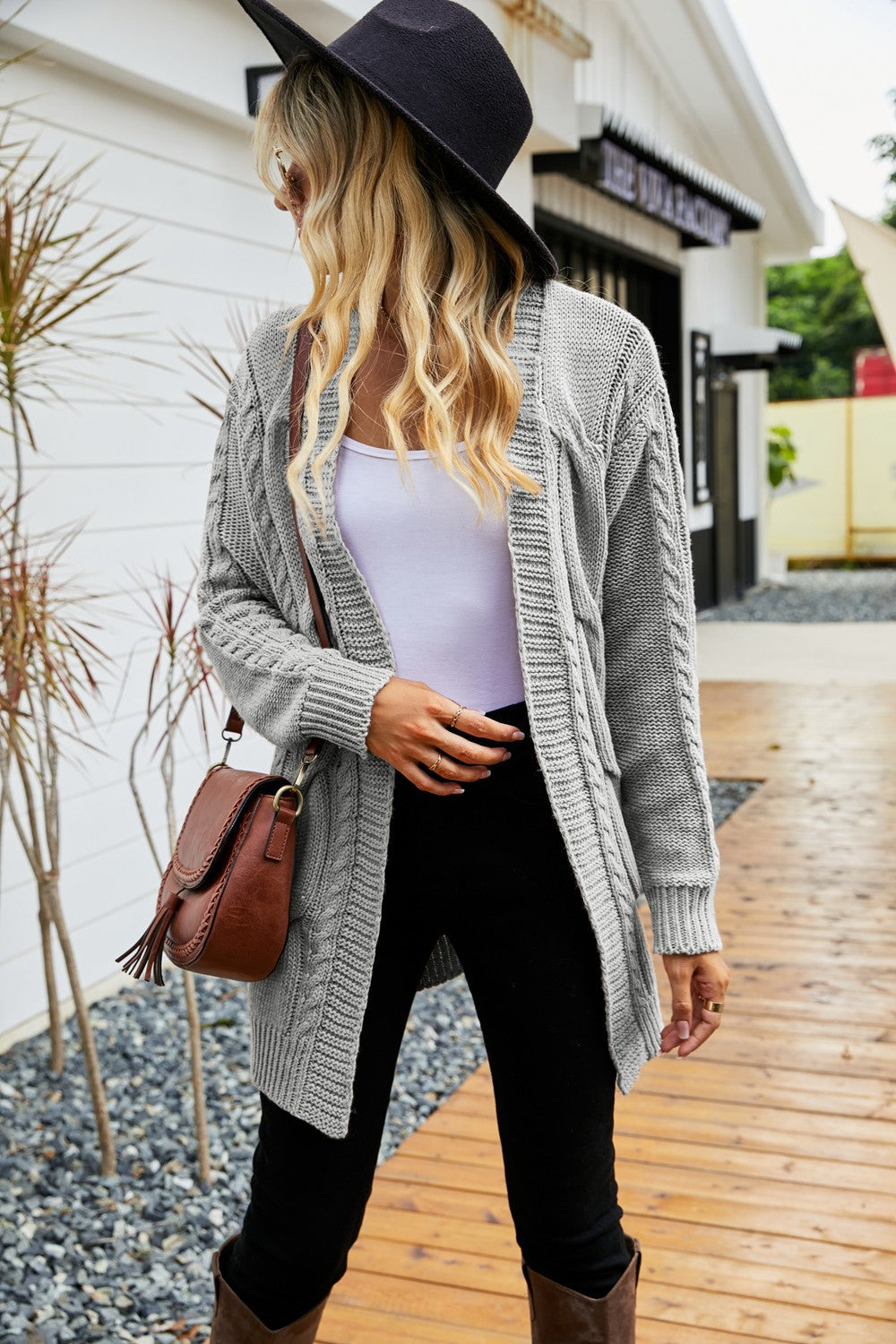 Ribbed Trim Cable-Knit Drop Shoulder Cardigan
