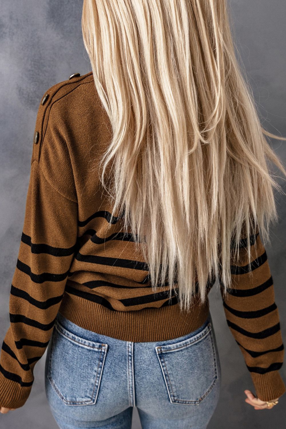 Striped Button Detail Mock Neck Sweater