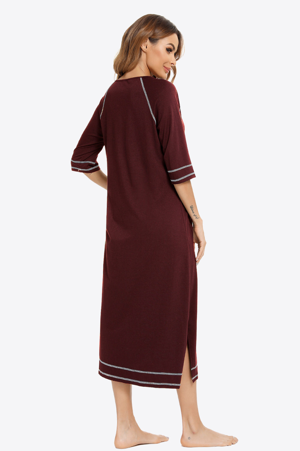 Zip Up Slit Night Dress with Pockets