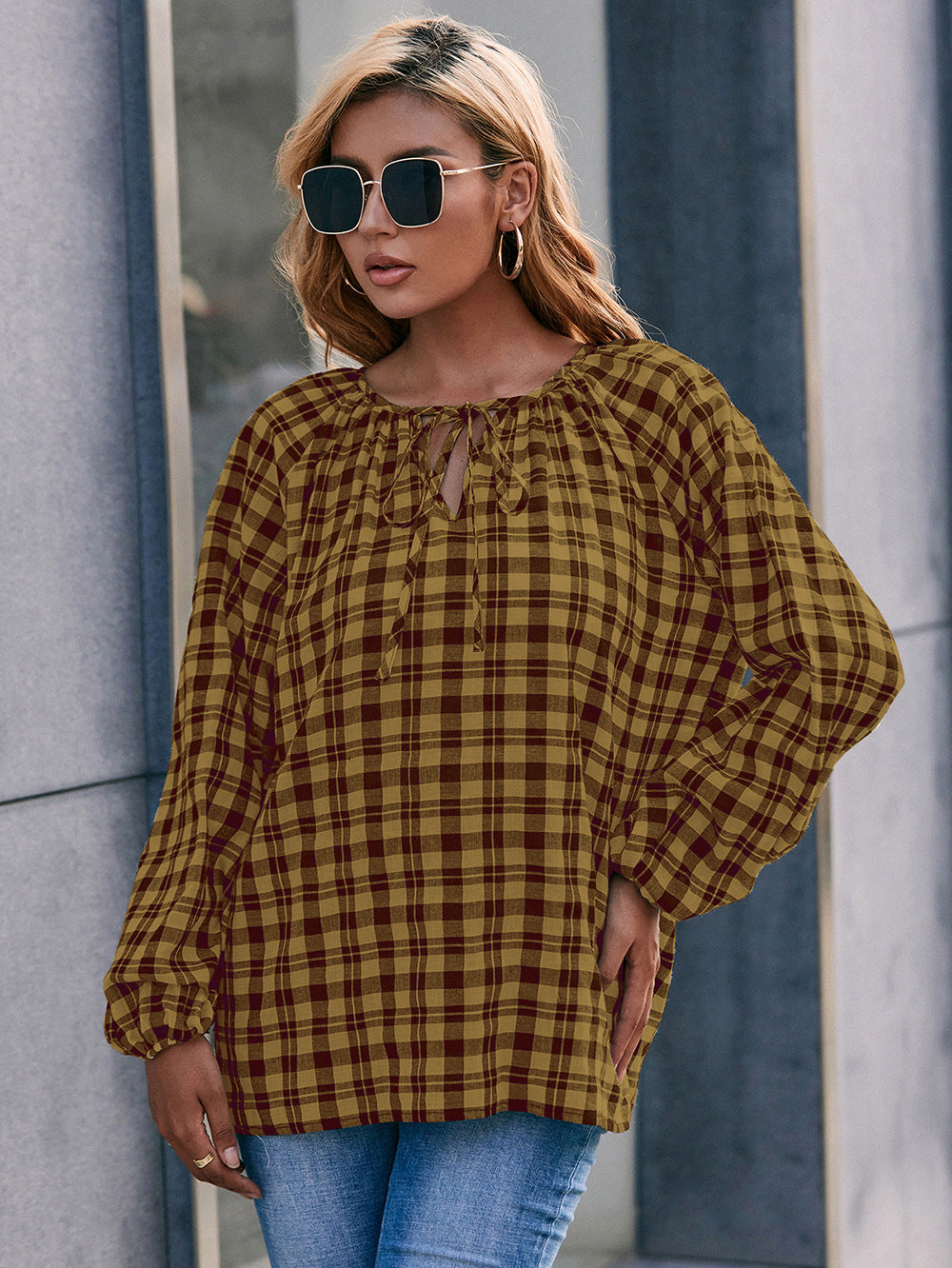Plaid Tie Neck Long Sleeve Blouse