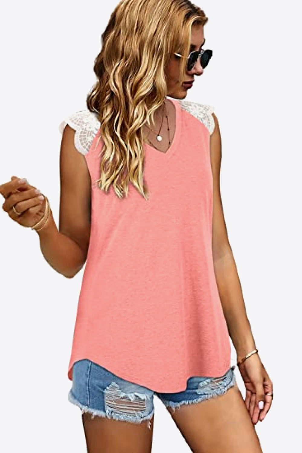Spliced Lace Curved Hem Blouse
