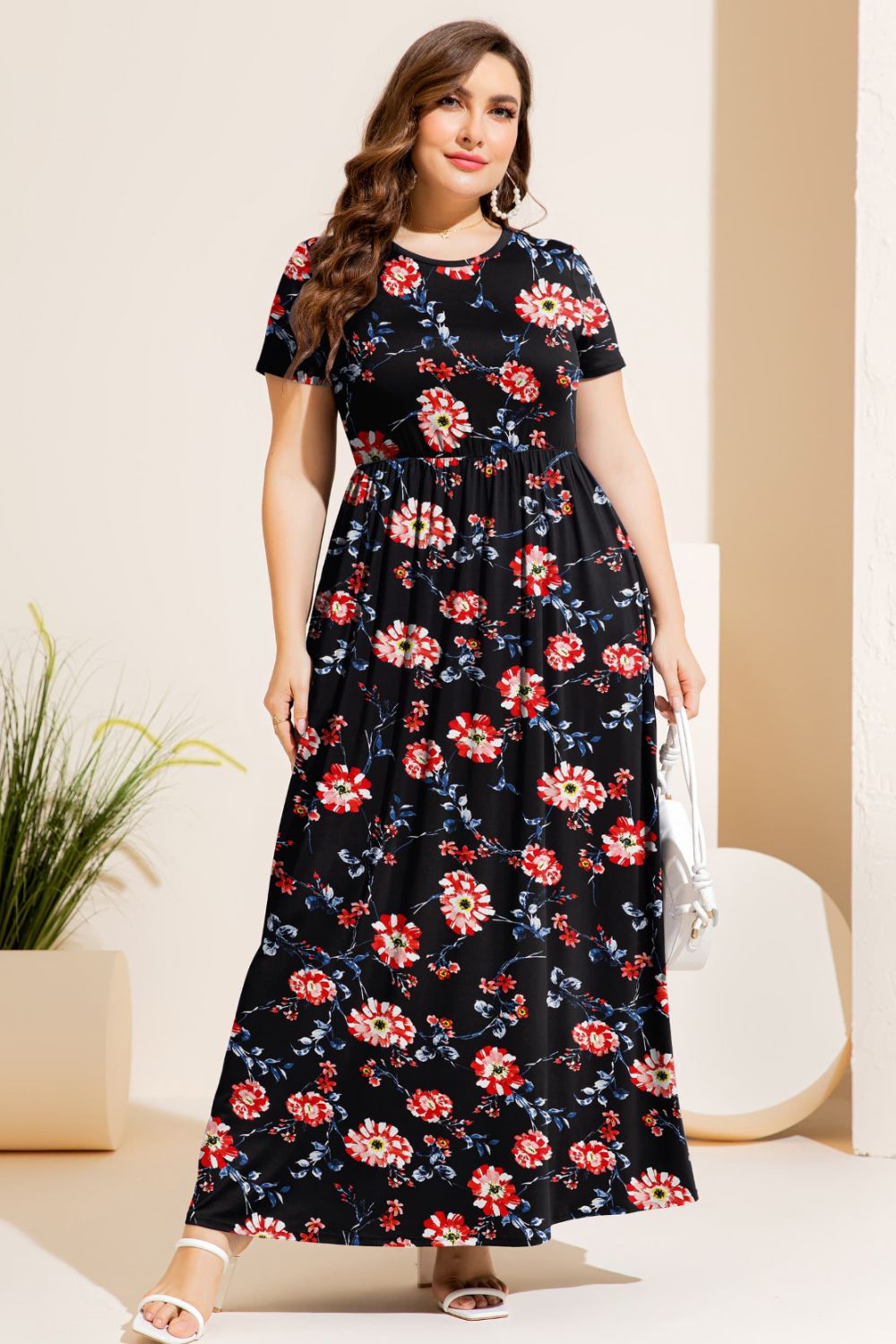 Plus Size Printed Round Neck Short Sleeve Maxi Dress