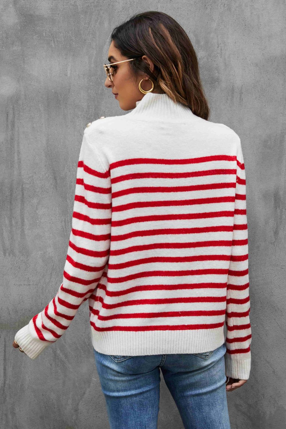 Striped Buttoned Mock Neck Sweater