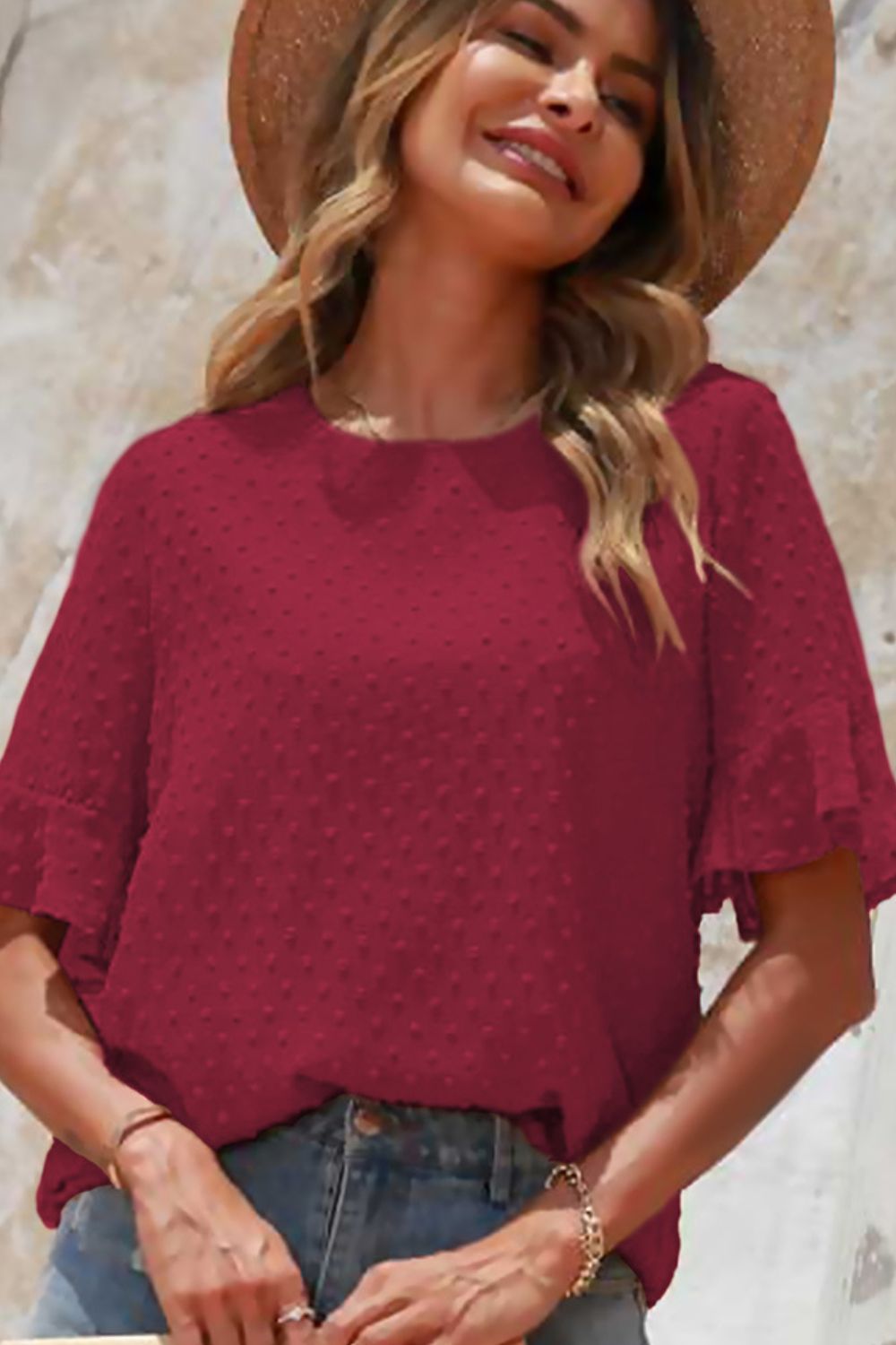 Swiss Dot Flounce Sleeve Round Neck Blouse