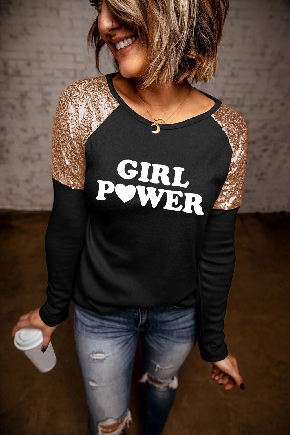 GIRL POWER Sequin Long Raglan Sleeve Tee