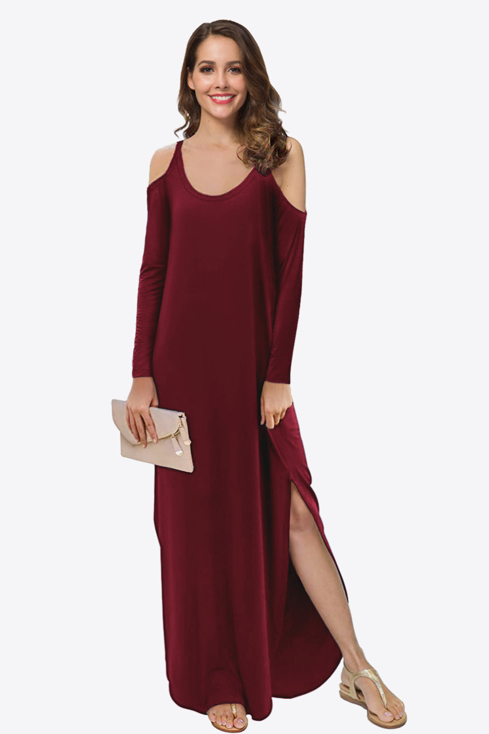Cold-Shoulder Split Dress with Pockets