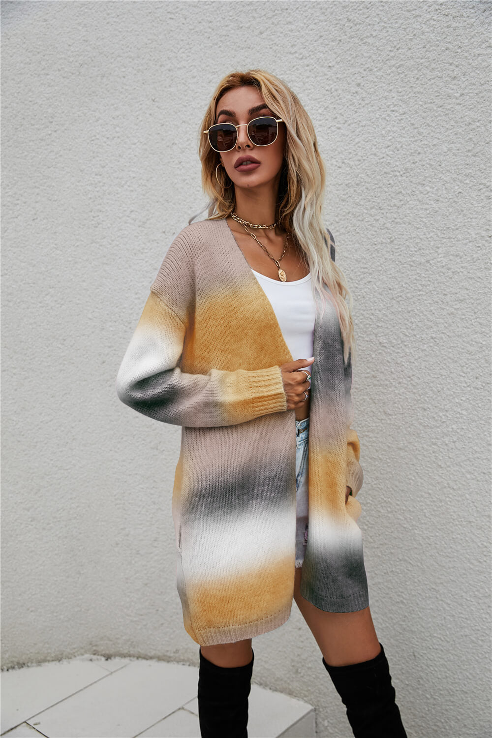 Multicolored Gradient Open Front Longline Cardigan