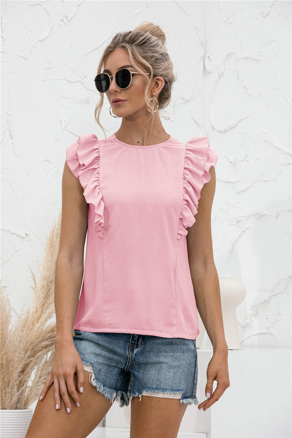 Ruffle Shoulder Tie-Back Crewneck Top