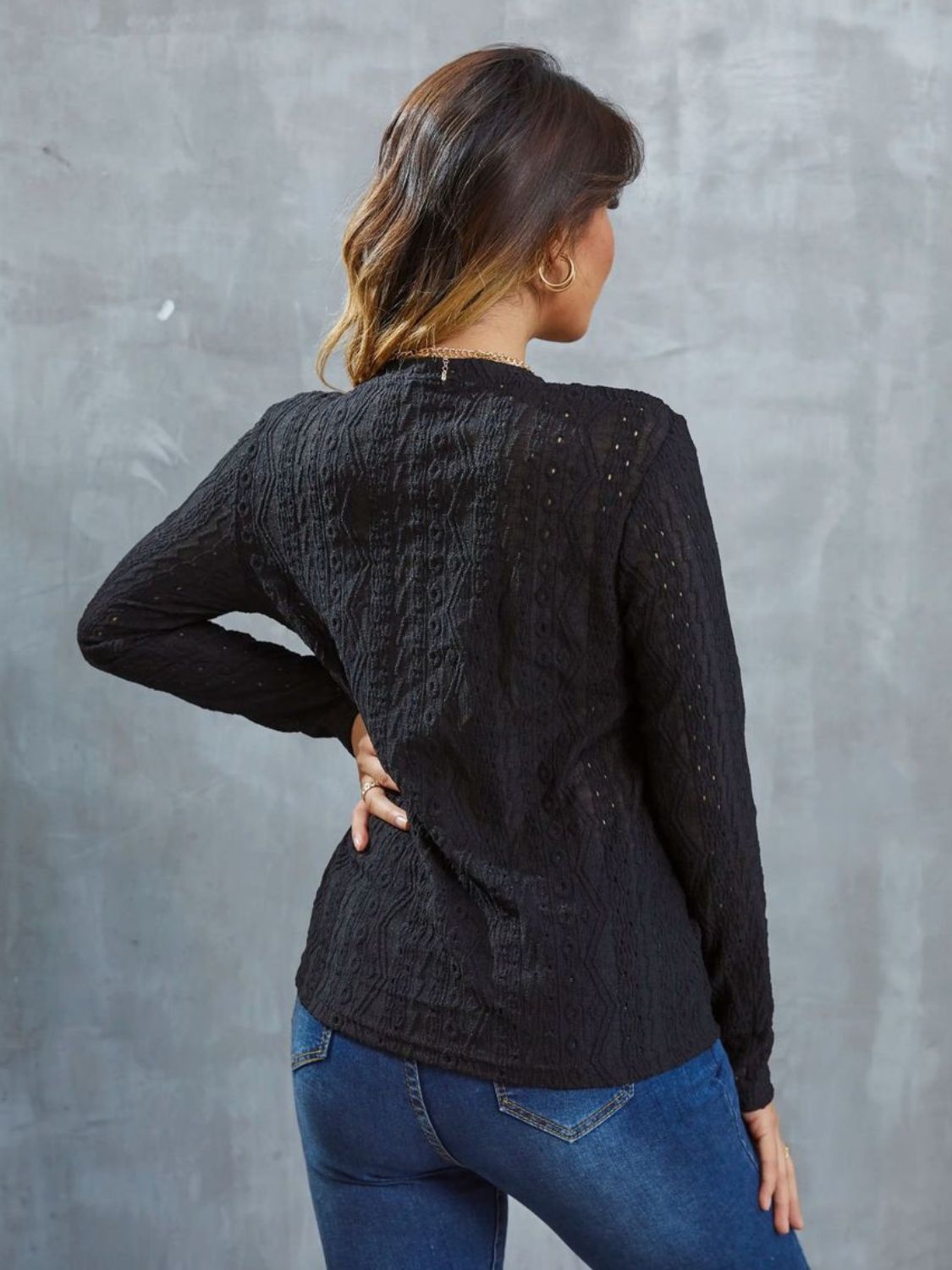 Eyelet Round Neck Long Sleeve Top