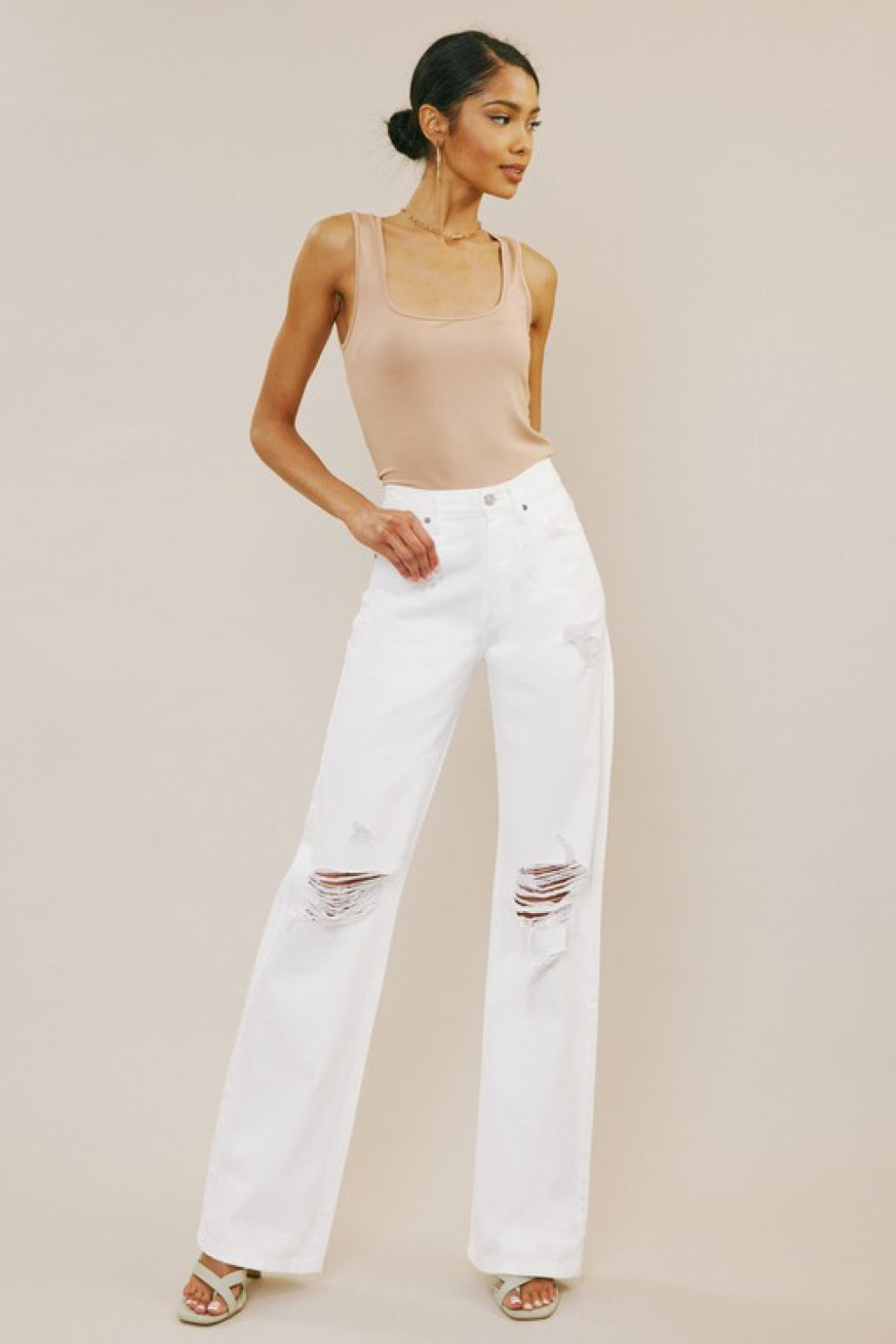 Kancan High-Rise Distressed Flare Jeans in White (Button-Fly)