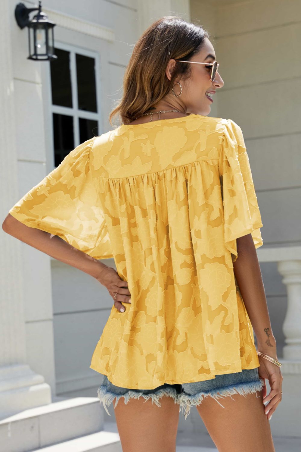 Applique Frill Trim Flutter Sleeve Blouse