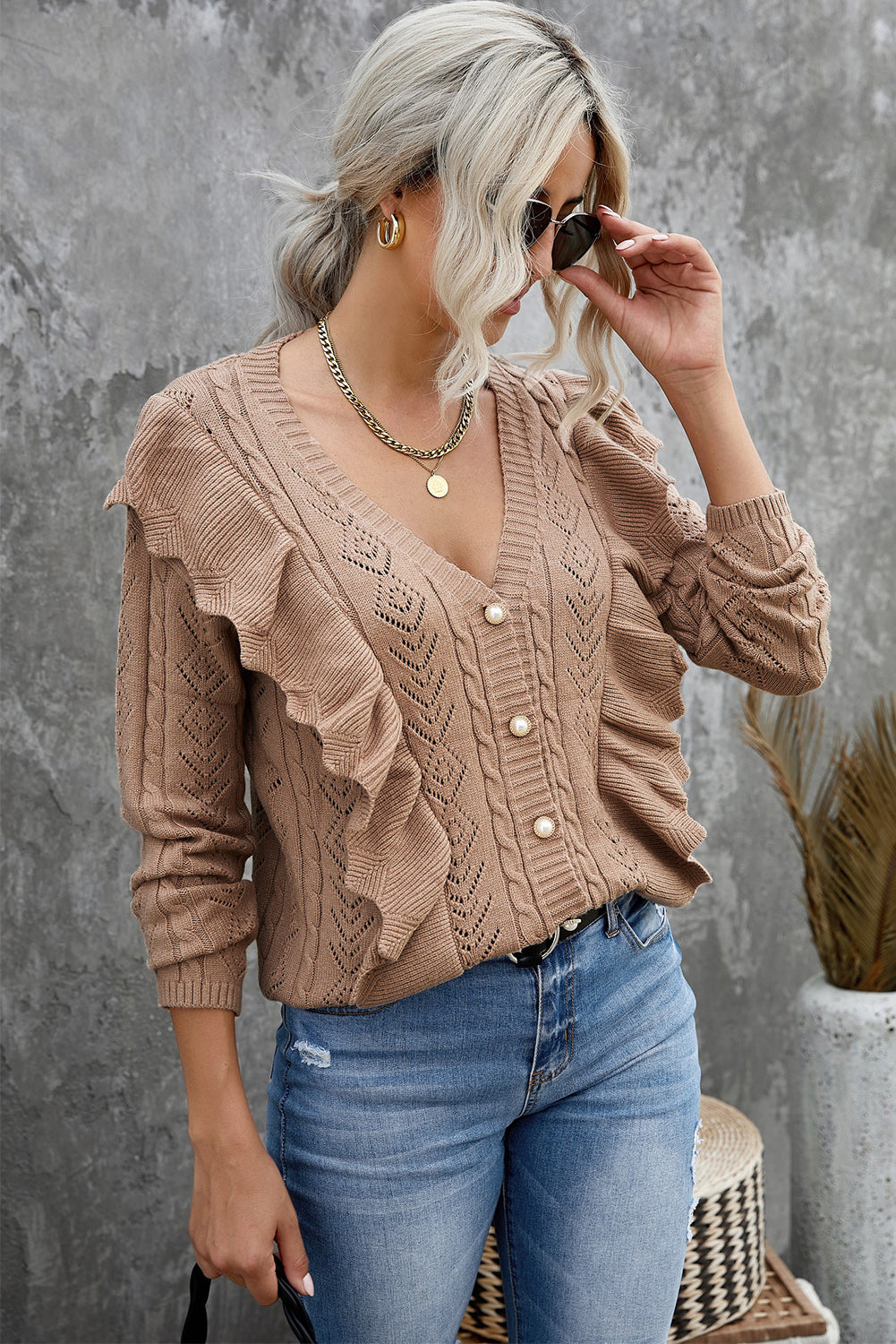 Button Front Ruffle Trim V-Neck Cardigan