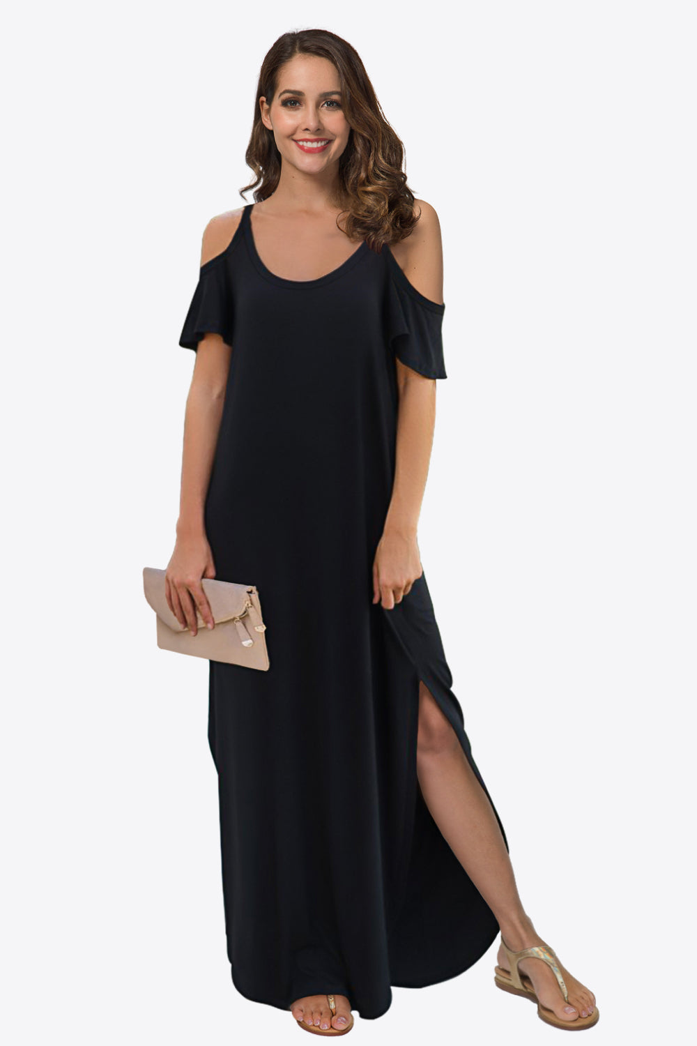 Cold-Shoulder Split Maxi Dress with Pockets