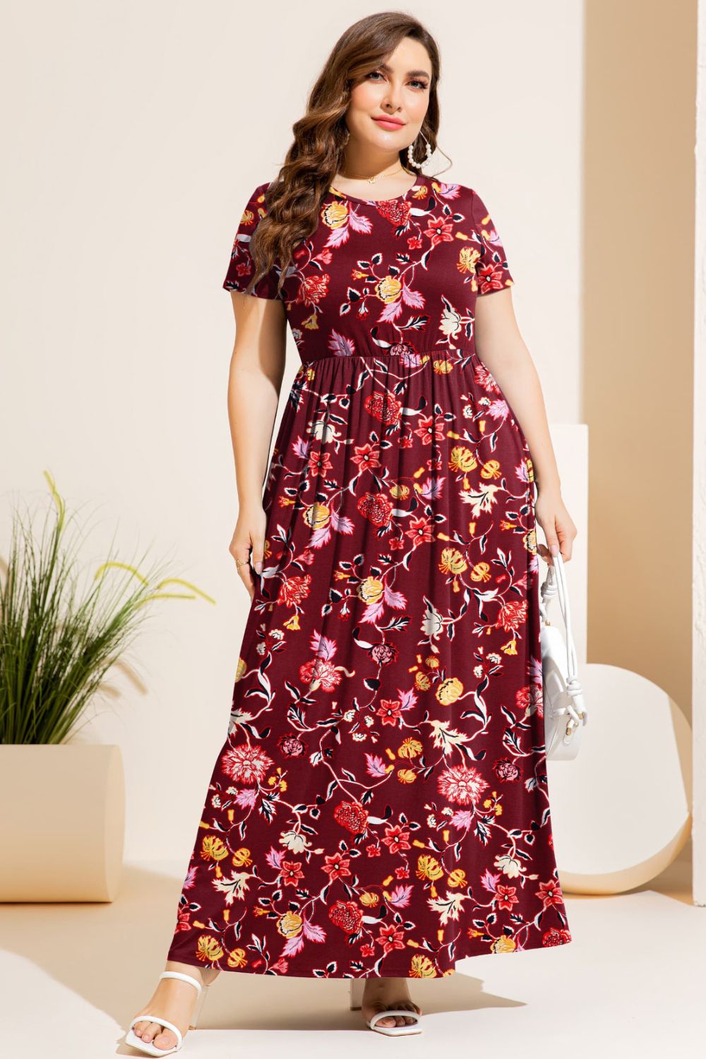 Plus Size Printed Round Neck Short Sleeve Maxi Dress