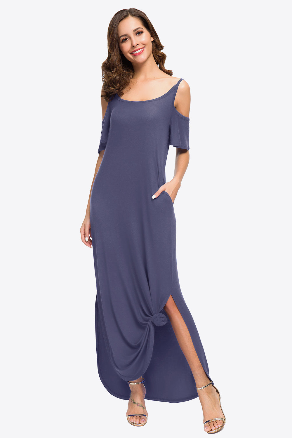 Cold-Shoulder Split Maxi Dress with Pockets
