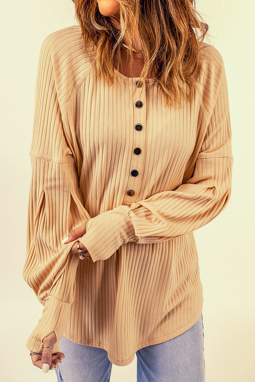 Half Button Ribbed Thumbhole Sleeve Top