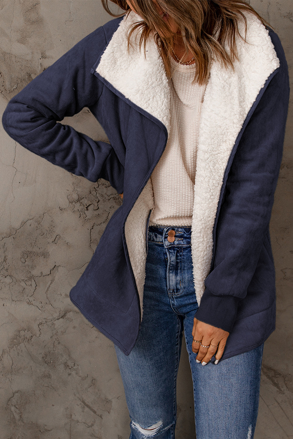 Faux Suede Sherpa Lining Jacket with Pockets
