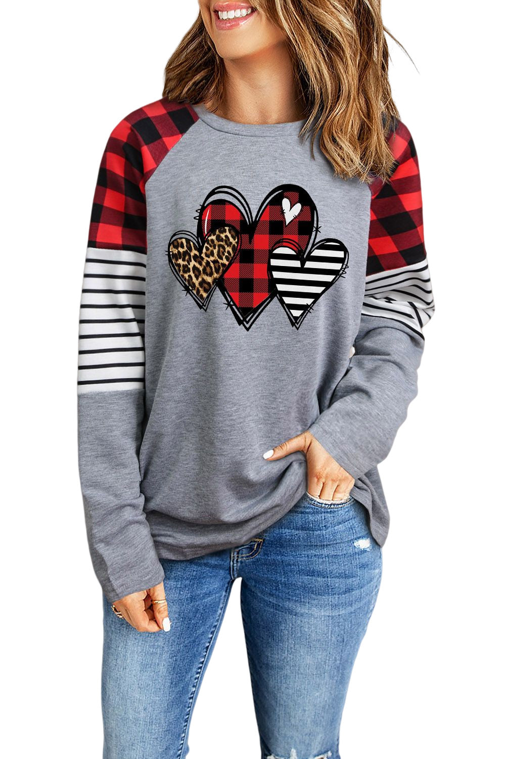Mixed Print Heart Graphic Raglan Sleeve Top