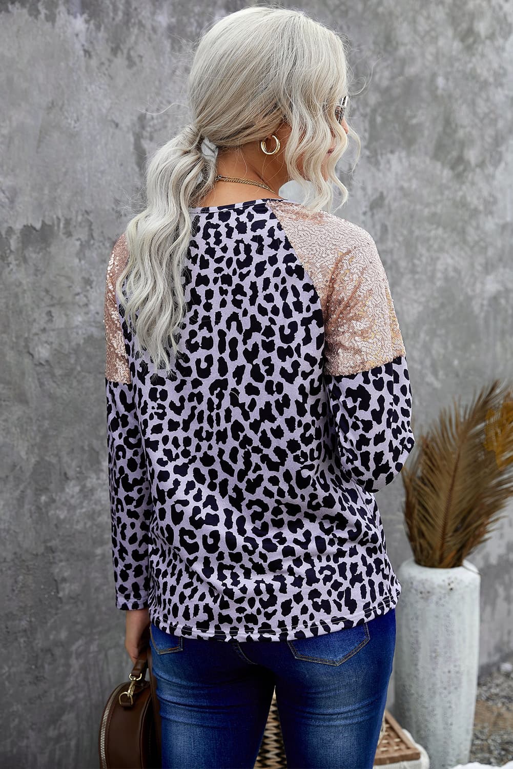Leopard Sequin Round Neck Top