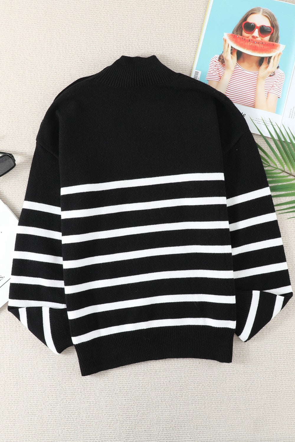 Striped Button Detail Mock Neck Sweater