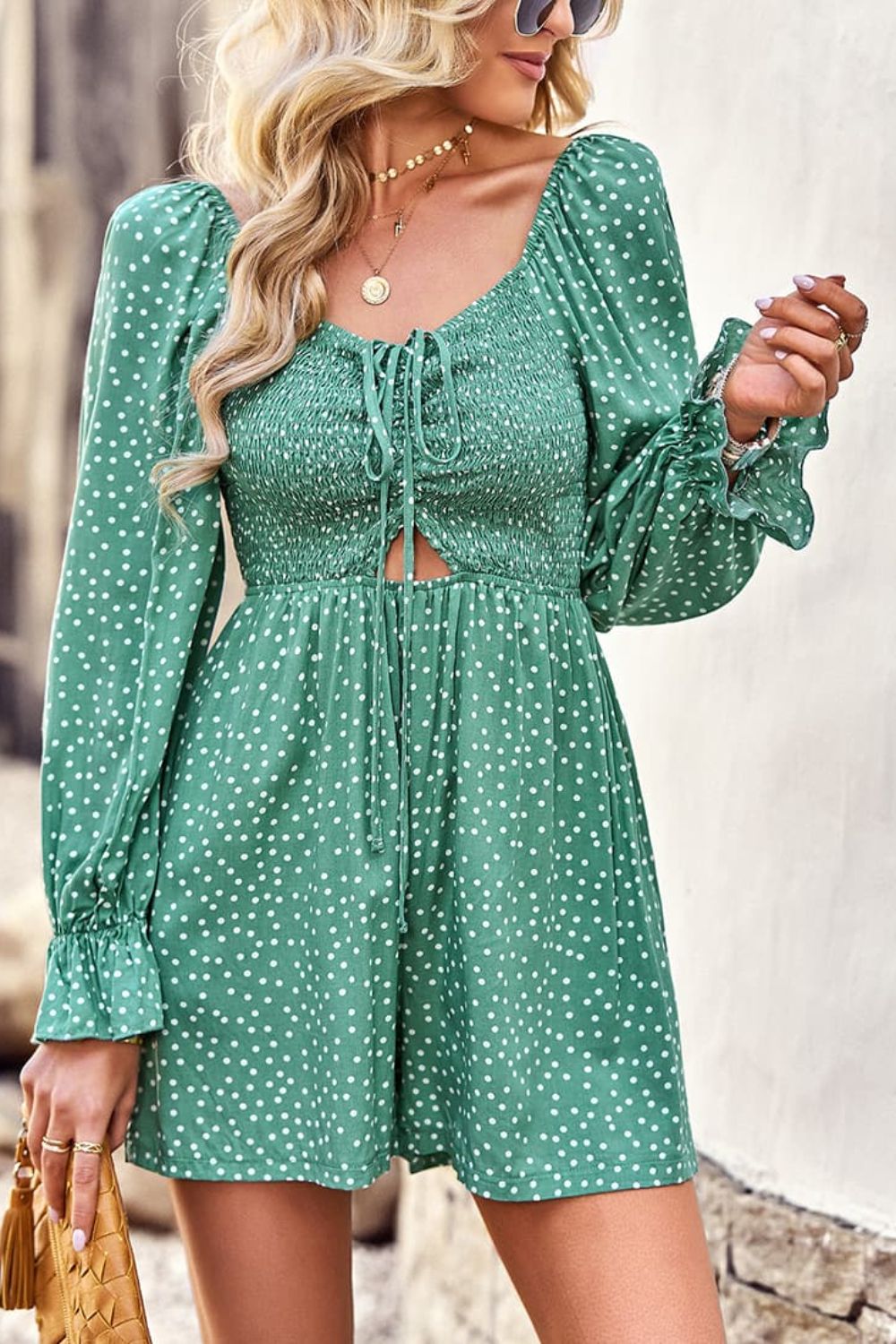 Polka Dot Ruched Smocked Flounce Sleeve Romper