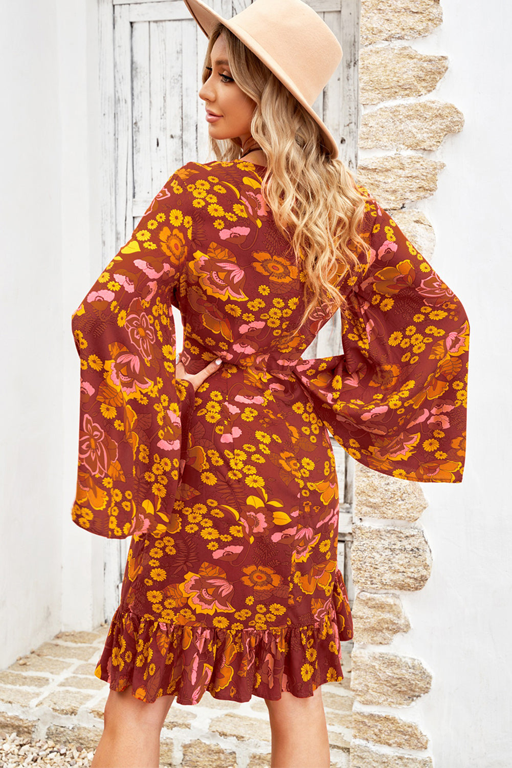 Floral Ruffle Hem Bell Sleeve Dress