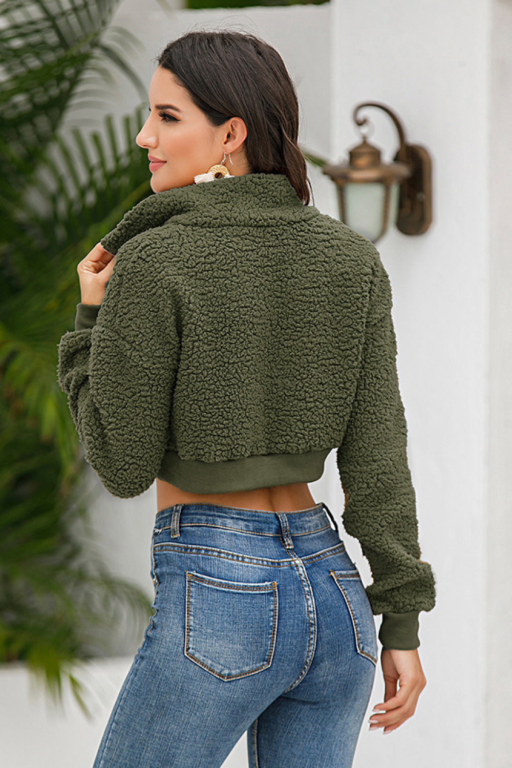 Half Zipper Turn-Down Collar Plush Crop Sweatshirt