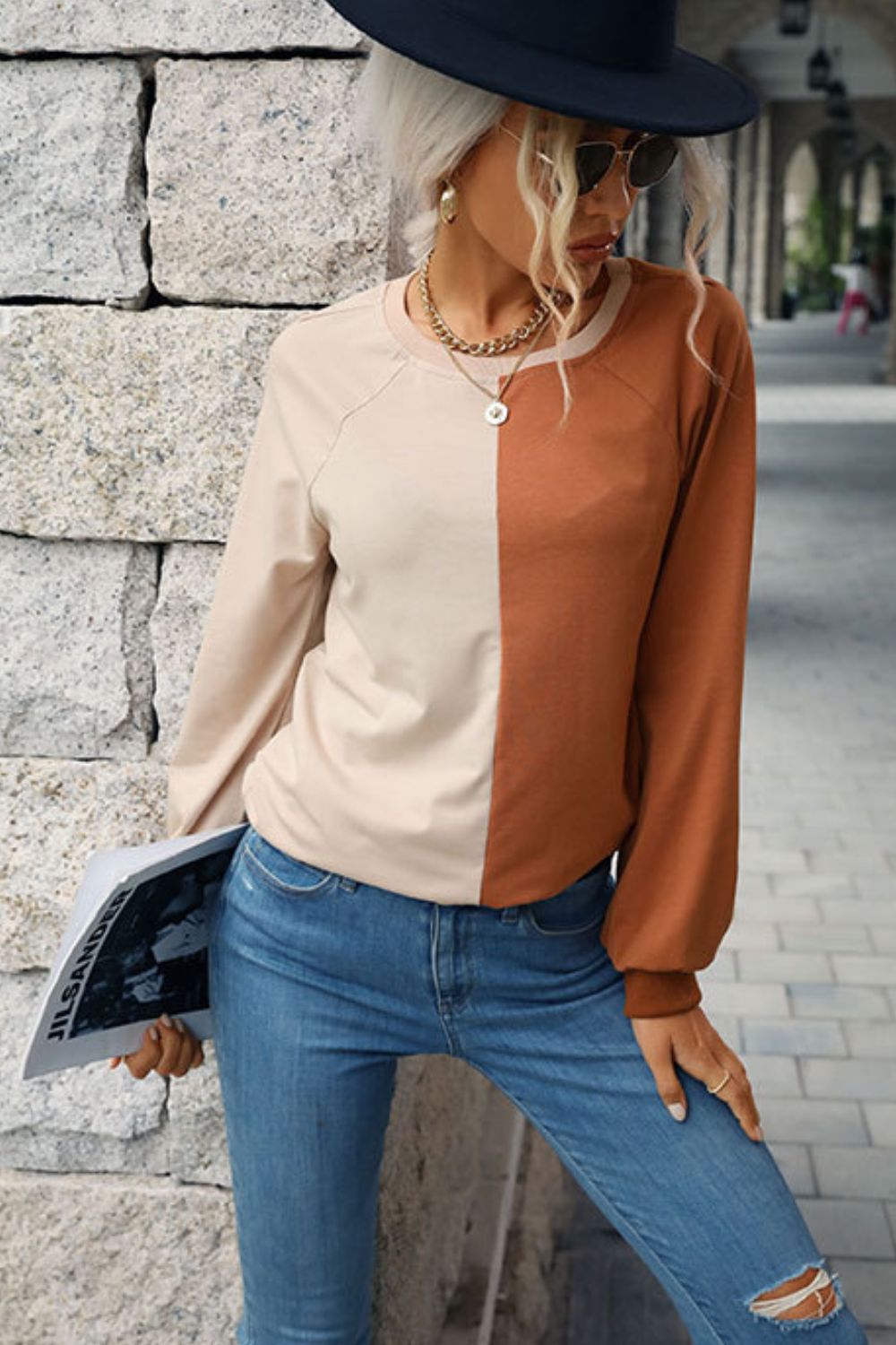 Two-Tone Round Neck Raglan Sleeve Sweatshirt