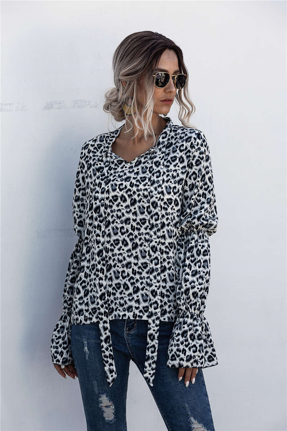 Leopard Tie-Neck Flounce Sleeve Blouse
