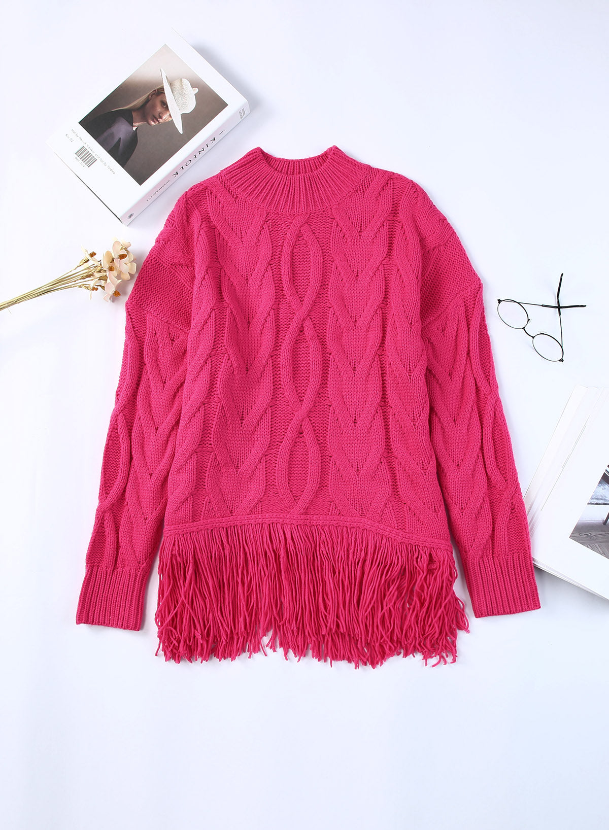 Mixed Knit Fringe Hem Mock Neck Sweater