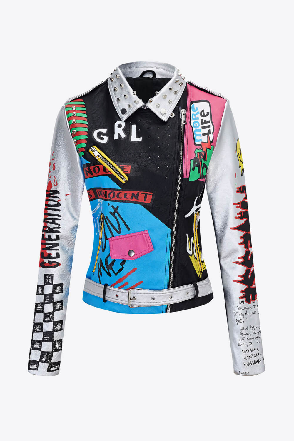 Full Size Printed Zip Up Studded Jacket
