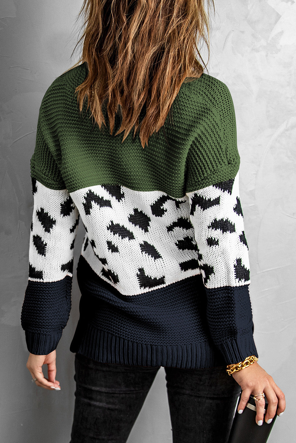 Patterned Color Block Turtleneck Sweater