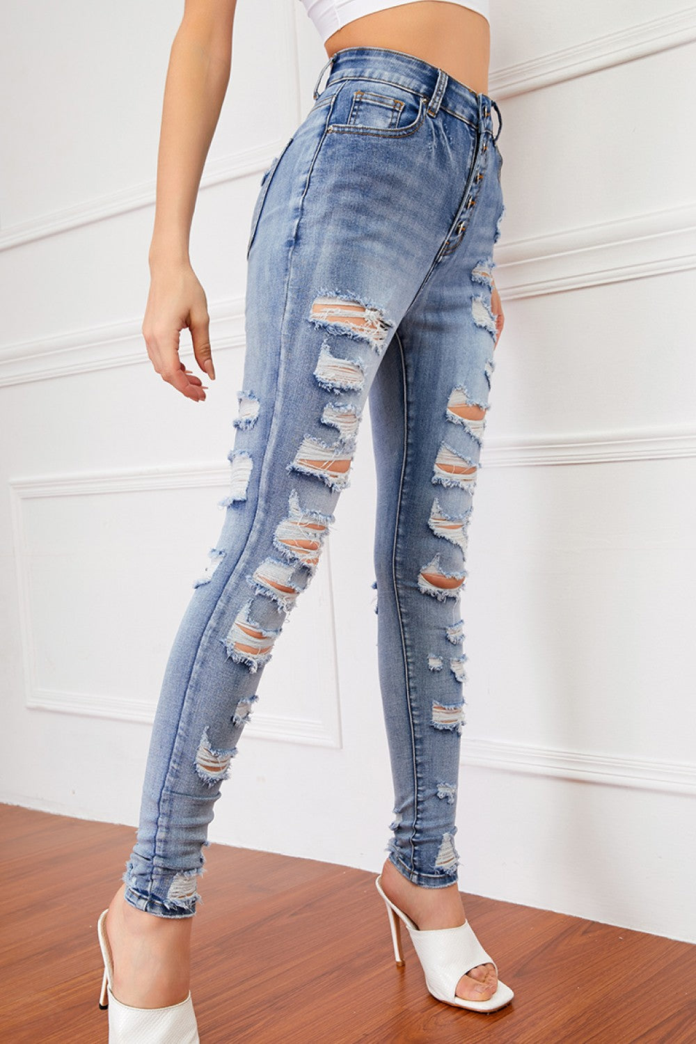 Full Size Button-Fly Distressed Skinny Jeans