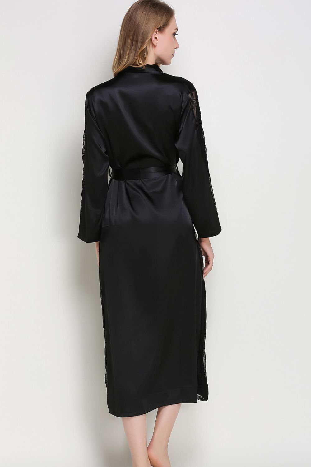 Spliced Lace Tie Waist Satin Robe