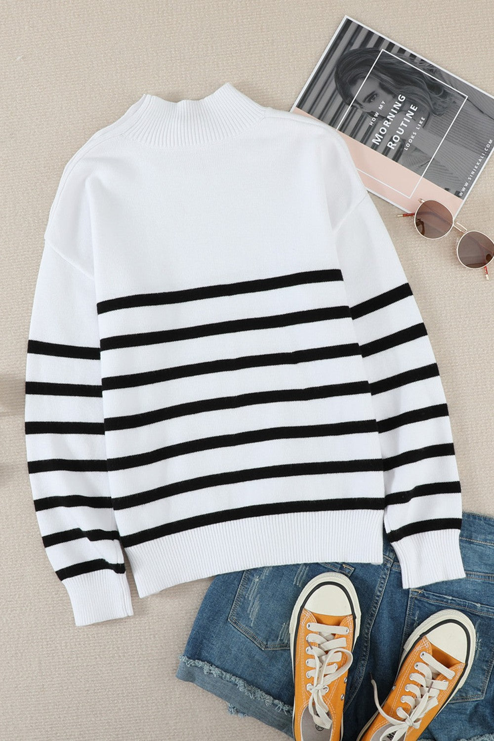 Striped Button Detail Mock Neck Sweater