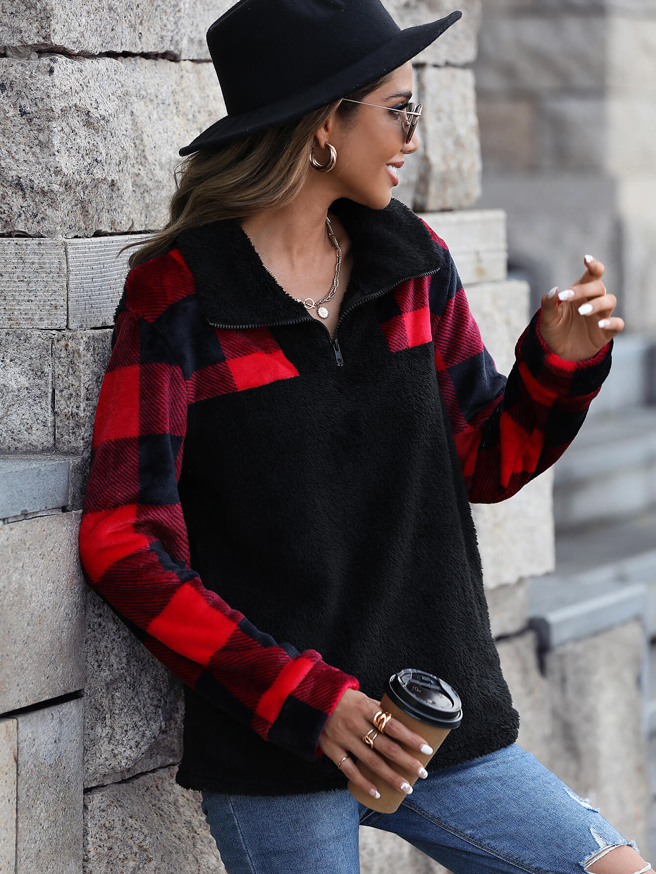 Plaid Quarter-Zip Spliced Fleece Sweatshirt with Pockets