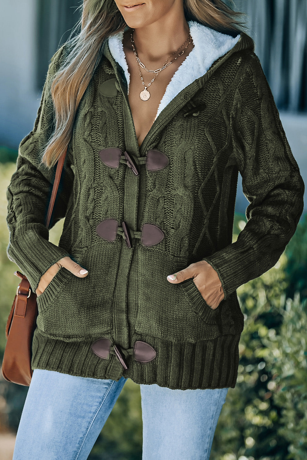 Fleece Lined Cable-Knit Toggle Hooded Cardigan