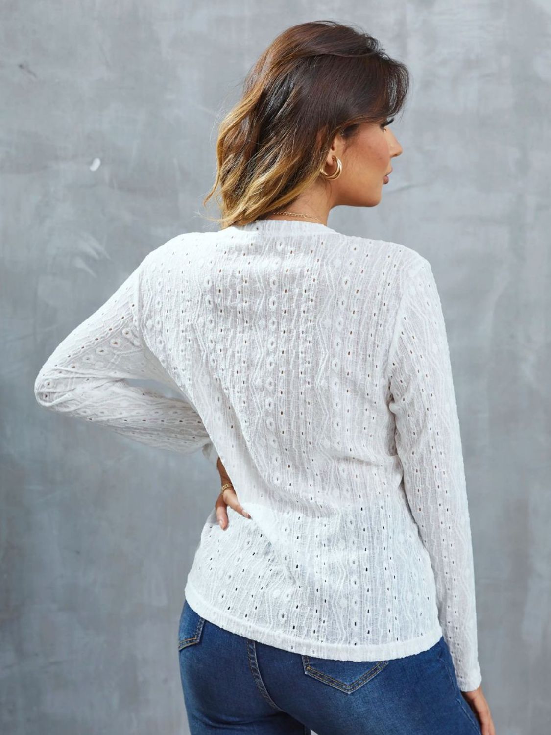 Eyelet Round Neck Long Sleeve Top