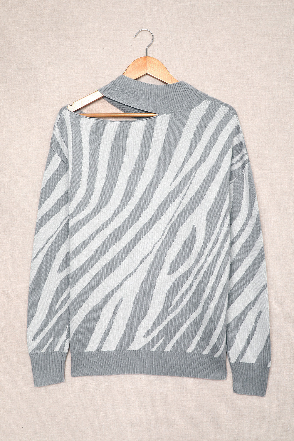 Zebra Print Mock Neck Cold Shoulder Sweater