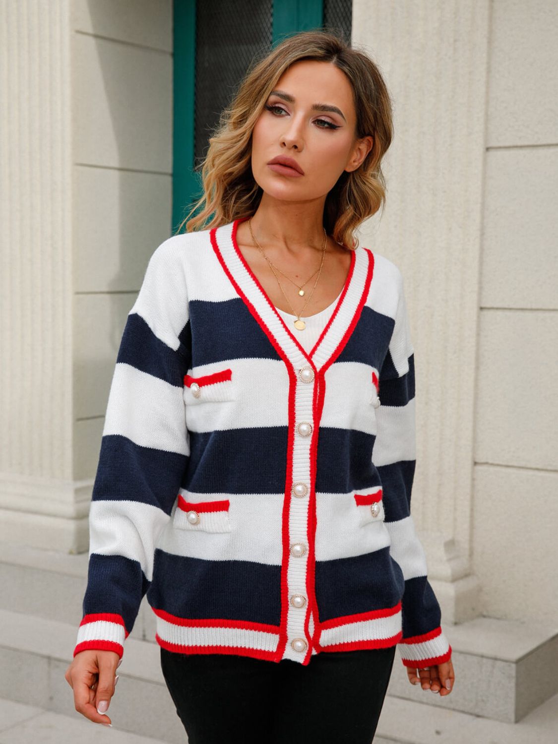 Striped Contrast Button-Up Cardigan