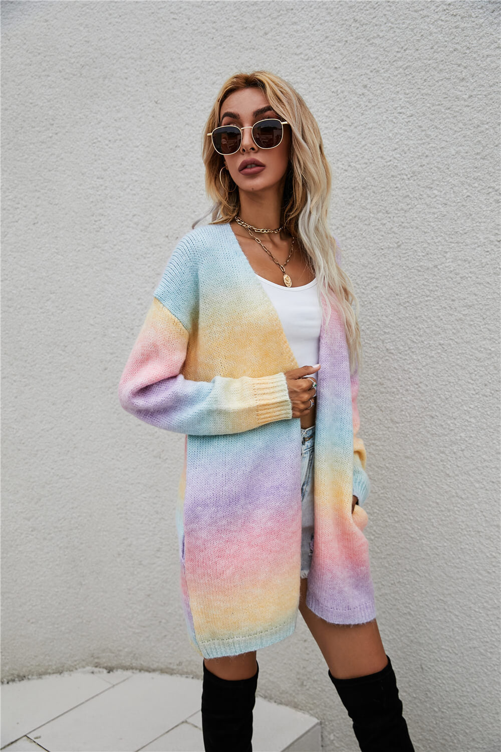 Multicolored Gradient Open Front Longline Cardigan