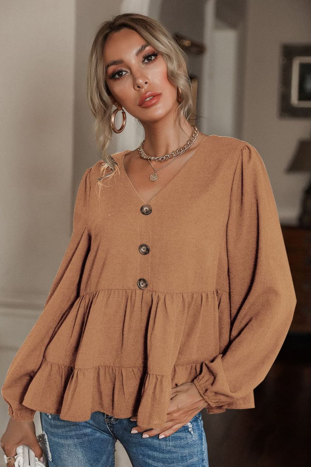Buttoned V-Neck Puff Sleeve Tiered Blouse