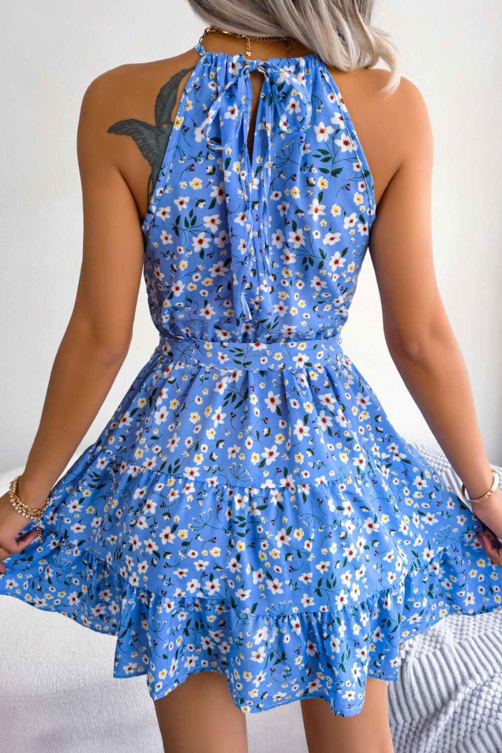 Floral Tie Waist Ruffle Hem Sleeveless Dress