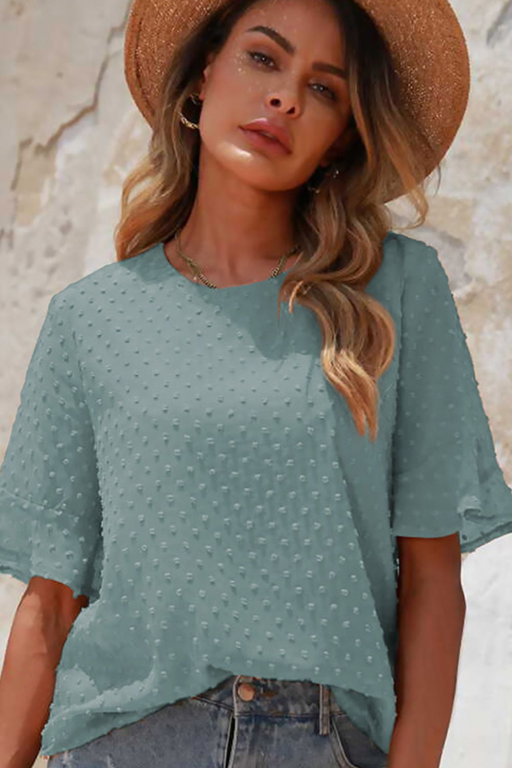 Swiss Dot Flounce Sleeve Round Neck Blouse