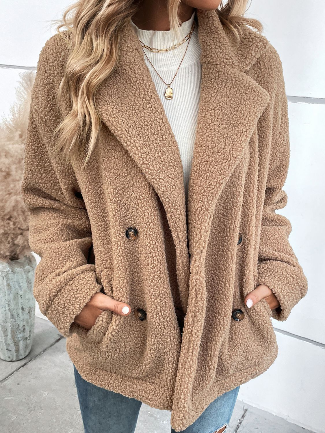 Double-Breasted Lapel Collar Teddy Jacket with Pockets
