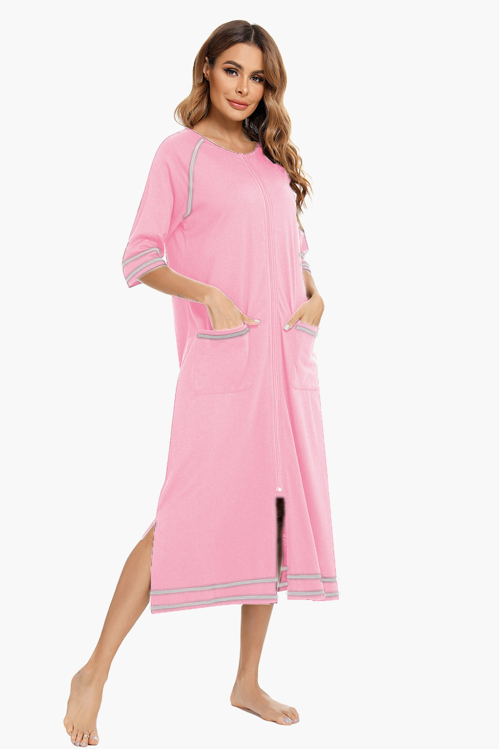 Zip Up Slit Night Dress with Pockets