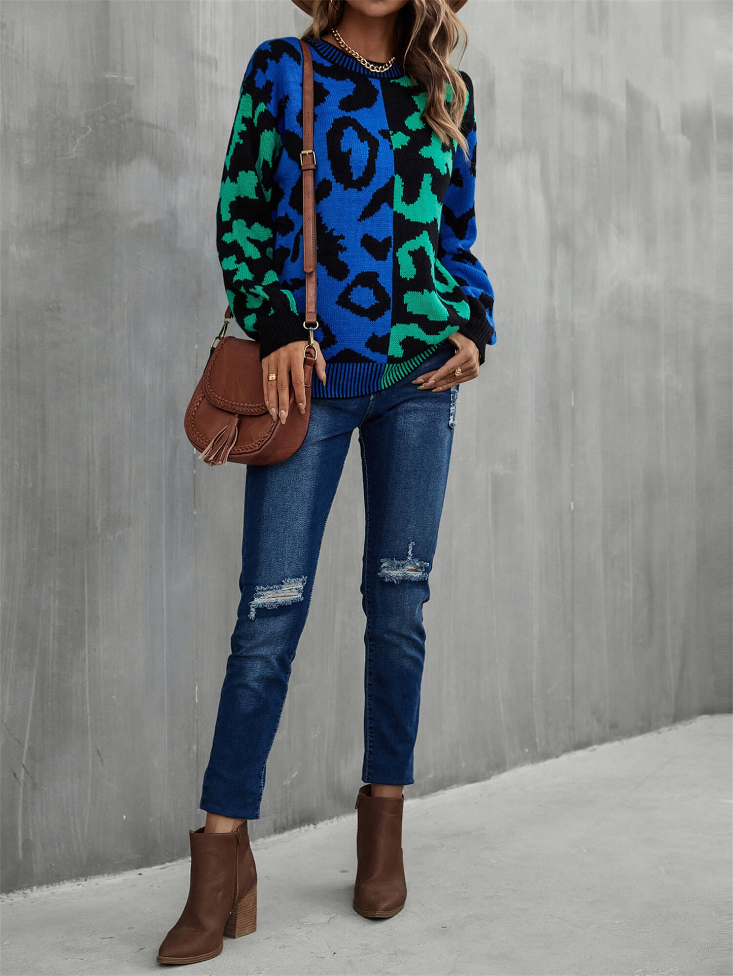 Cozy Weekends Leopard Ribbed Trim Dropped Shoulder Sweater