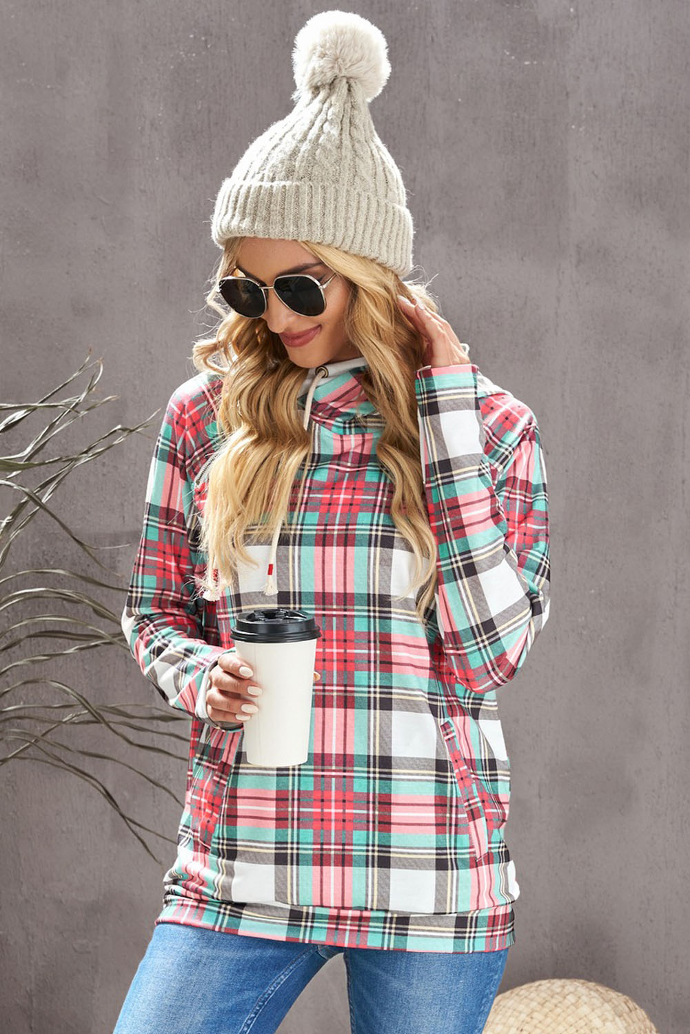 Plaid Drawstring Detail Hoodie