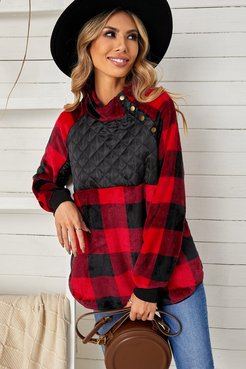 Plaid Raglan Sleeve Curved Hem Sweatshirt